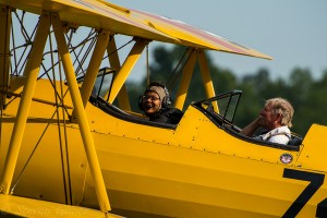 My first open cockpit flight in a BT17 Stearman at the Flying Circus Balloon Festival in Bealeton, VA. (Photo by Steven Glintz.)